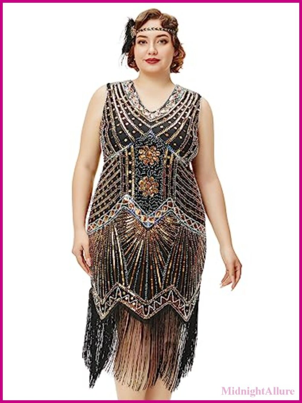 Plus Size Flapper Dress 1920s Sequin Fringe V-Neck Cocktail Party